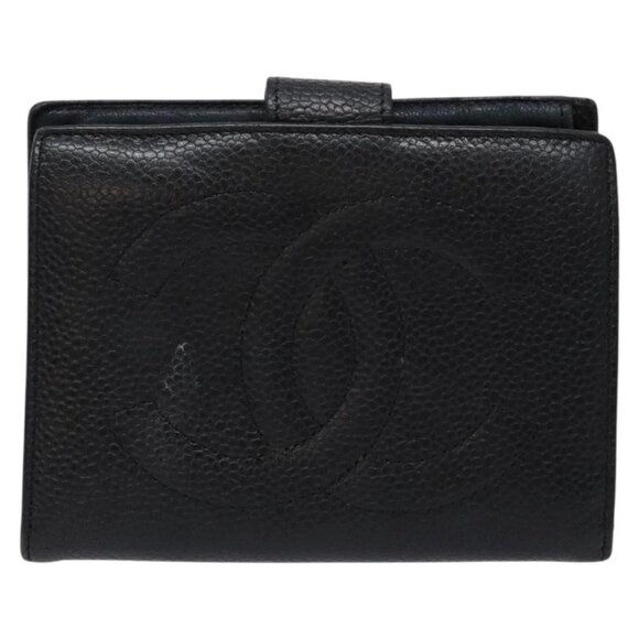 CHANEL Bifold Wallet Grained Calf Skin Black Gold CC Auth main image 11